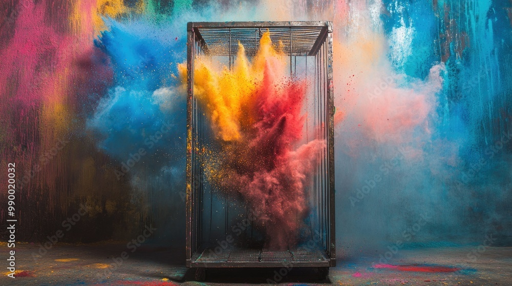 Poster a powerful burst of holi powder colors exploding within a metal cage, creating an intense display of