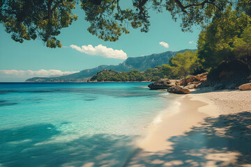 Fototapeta premium Secluded Sandy Beach Meets Turquoise Waters on a Sunny Day