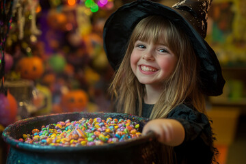  Witch with Cauldron Smiling Girl Stirring Colorful Halloween Treats Amid Spooky Decorations