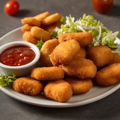 Fototapeta premium Delicious fresh Chicken Nuggets assortment with Tomato Sauce with some salad served, Chicken nuggets with crispy meat snack, Chicken nuggets made at home