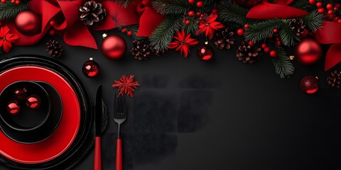 Obraz premium Top view of an elegant Christmas table setting featuring red and black decorations. 3D illustration with festive elements and copy space for holiday themes. 