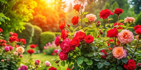 Naklejka premium Vibrant Rose Bush in Full Bloom Surrounded by Lush Green Foliage in a Sunny Garden Setting