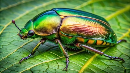 Naklejka premium Vibrant Rose Chafer Beetle (Cetonia aurata) Resting on a Green Leaf in Natural Habitat