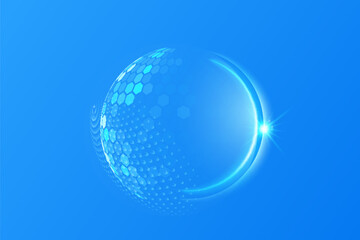 Glass transparent protection sphere shield. Sphere shield with hexagon pattern on blue background. Bubble shield in the form of a force energy field. Protection and safety concept.