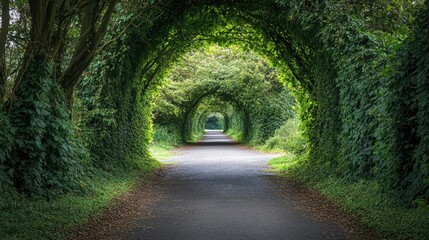 A scenic outdoor path framed by ivy-covered trees, creating a peaceful, natural tunnel of greenery.