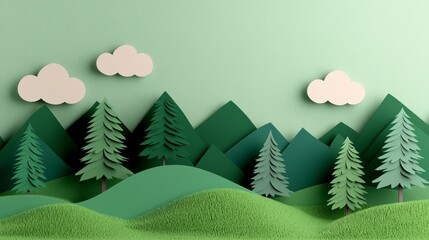 Sustainable ESG Concept with Paper Cutting Art Depicting Nature, Trees, and Mountains in Green Tones
