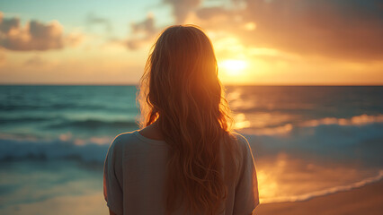 A person with long blonde hair is standing on a beach watching the sunset over the ocean.