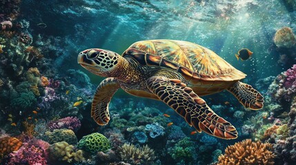 Fototapeta premium A sea turtle swimming gracefully underwater, surrounded by coral and colorful marine life, advocating for marine protection.