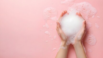 Close-up of hands washing with minimal soap and white foam against a soft pastel pink background. Clean, hygienic, and focused on personal care with copy space for text.
