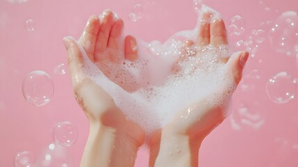 Fototapeta premium Close-up of hands washing with minimal soap and white foam against a soft pastel pink background. Clean, hygienic, and focused on personal care with copy space for text. 