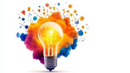 A bright light bulb with colorful smoke surrounding it, symbolizing the power of ideas and creative thinking, innovation, inspiration, and solutions.