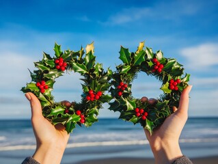 Female Hands Holding Holly Wreaths at Beach with Blue Sky Background in Morning Light, Showcasing High-Resolution Close-Up of Christmas Decor