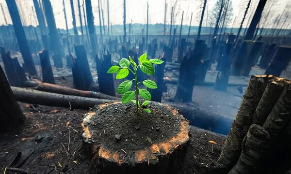 Jeune pousse &eacute;mergeant d'une souche calcin&eacute;e apr&egrave;s l'incendie d'une for&ecirc;t, symbole de la renaissance et la r&eacute;silience de la nature apr&egrave;s une catastrophe, dans un paysage br&ucirc;l&eacute; et ravag&eacute;