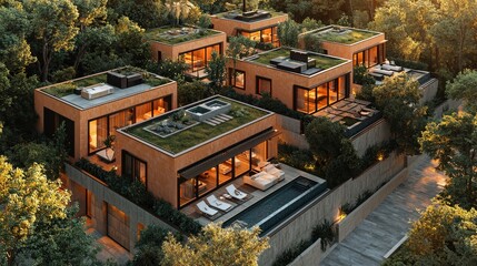 Fototapeta premium Luxury Modern Villas with Rooftop Gardens and Infinity Pools in Tropical Forest