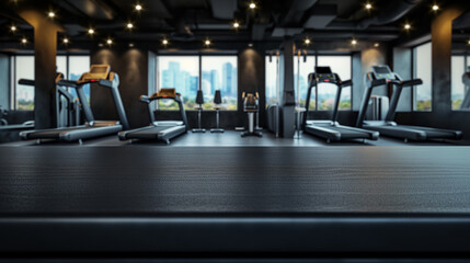 Fototapeta premium Black table top with gym background for product. Empty countertop mockup for sports nutrition or equipment