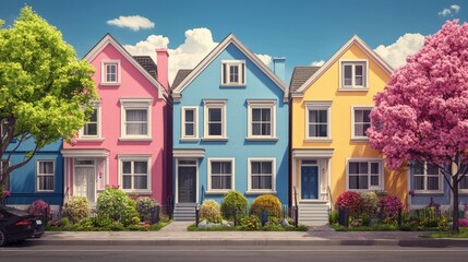 Obraz premium Colorful Row of Charming Houses with Vibrant Facades and Blossoming Trees on a Sunny Day