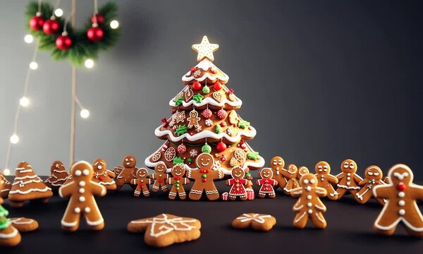 Succession de g&acirc;teaux de No&euml;l en forme de sapin entour&eacute;s de biscuits Gingerbread &agrave; la cannelle et aux &eacute;pices, ambiance gourmande et festive parfaite pour les f&ecirc;tes de fin d'ann&eacute;e