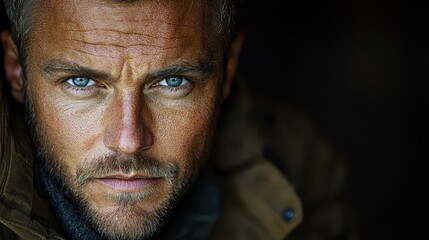 Obraz premium Close Up Portrait of a Man with Blue Eyes and a Beard