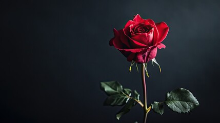 A single red rose placed on a black background, emphasizing the contrast of color and texture.