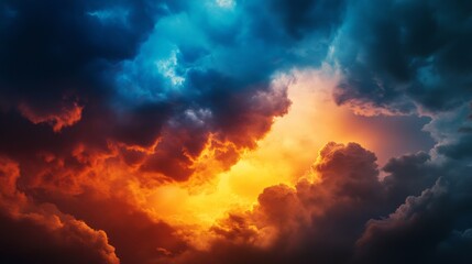 Fototapeta premium A captivating blend of vibrant colors in a dramatic sky, showcasing the beauty of nature's artistry. The fiery orange and yellow hues burst through a tapestry of dark blue and gray clouds, creating a