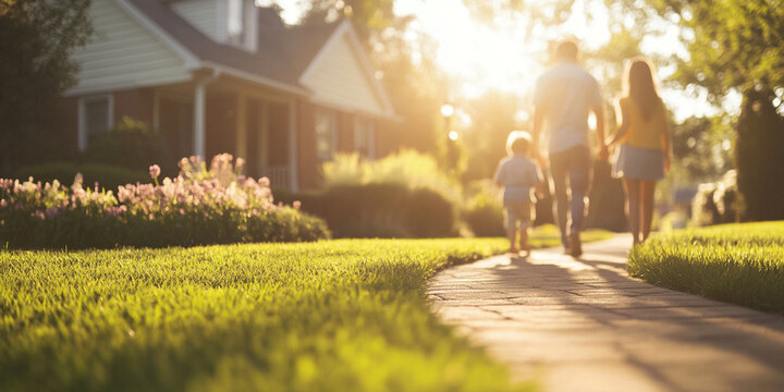 serene image of family walking together on sunny day, surrounded by blooming flowers and lush green grass, creating warm and joyful atmosphere - Powered by Adobe