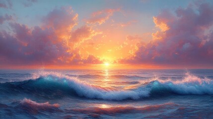 Fototapeta premium Serene sunset over ocean waves, creating a tranquil atmosphere.