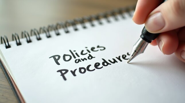 Policies and procedures memo written on notebook with fountain pen