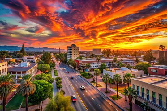 Vibrant Sunset Over Downtown Fullerton California with Urban Landscape and Colorful Sky Reflections