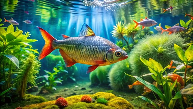 Vibrant Traira Fish Swimming in Clear Water Surrounded by Aquatic Plants and Natural Habitat