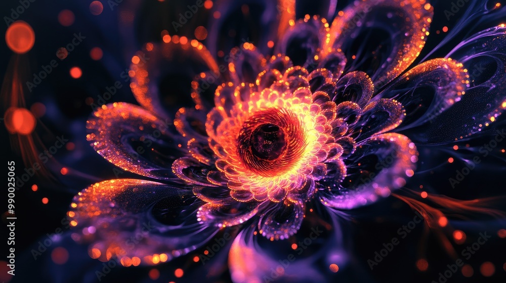Poster glowing orange and purple elements illuminate a black concentric spiral flower, creating a luminous 