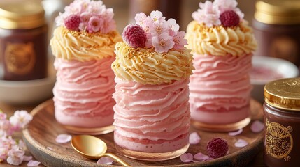 Delicious Pink Dessert with Golden Topping and Flowers