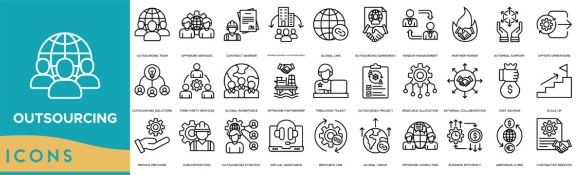 Outsourcing icon. Outsourcing Team, Offshore Services, Contract Worker, Business Process Outsourcing and Global Link