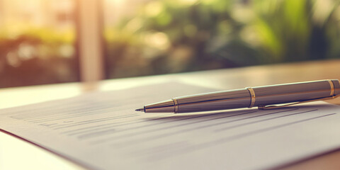 Fototapeta premium close up view of silver pen resting on blank document, symbolizing important agreements and decisions. warm sunlight creates serene atmosphere, enhancing focus on contract