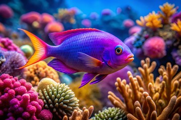 Fototapeta premium Vibrant Tropical Purple Fish Swimming Among Colorful Coral in a Clear Blue Ocean Environment