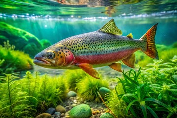 Naklejka premium Vibrant Trout Fish Swimming in Clear Freshwater Stream Surrounded by Lush Green Aquatic Vegetation