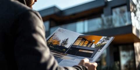 buyer inspecting home brochure outside modern house, showcasing contemporary architecture and design. scene conveys excitement and interest in real estate