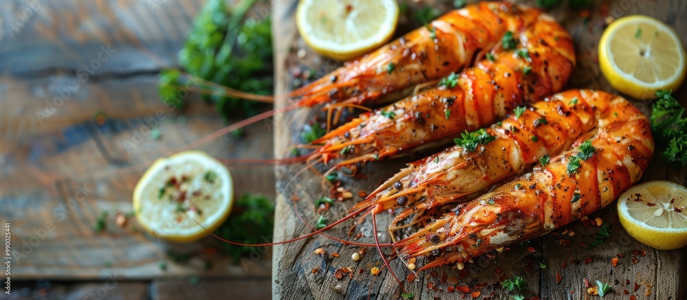 Poster Grilled Prawns with Lemon and Herbs on Wooden Cutting Board