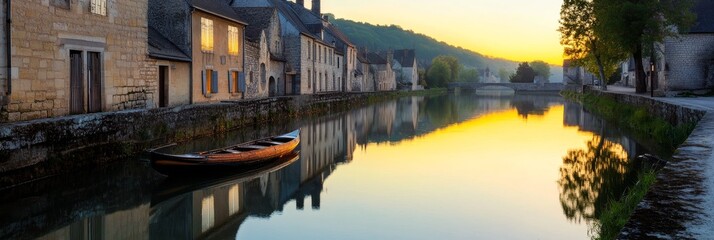Fototapeta premium A charming village nestled by a tranquil river, with quaint architecture, reflecting the warm glow of the setting sun. The scene evokes a sense of peace, tranquility, and the beauty of nature.