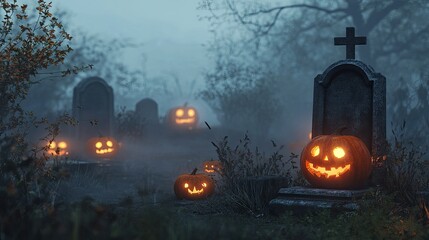 A spooky graveyard at dusk with glowing jack-o'-lanterns placed on tombstones, surrounded by fog.