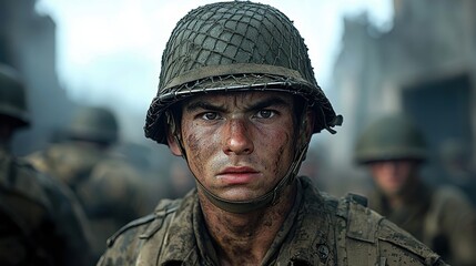 Obraz premium World War II Soldier Portrait with Muddy Face and Helmet