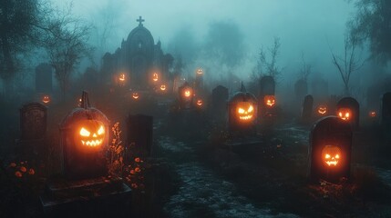 A spooky graveyard at dusk with glowing jack-o'-lanterns placed on tombstones, surrounded by fog and eerie shadows.