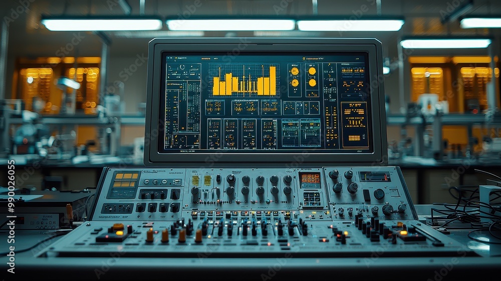 Poster futuristic control room with monitoring system and audio mixer