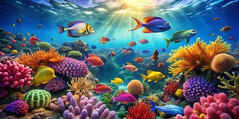 Vibrant Underwater Scene with Colorful Fish Swimming Among Beautiful Coral Reef in Clear Water