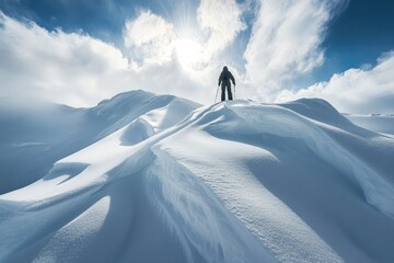 A lone hiker stands on a snowy mountain peak under a bright blue sky with fluffy clouds.