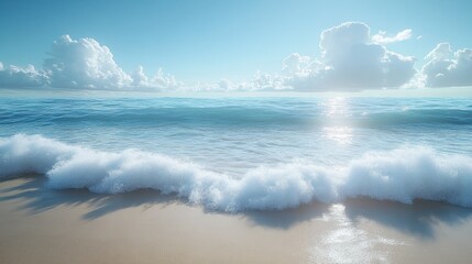 Fototapeta premium Serene ocean waves gently lapping at a sandy beach under a bright sky.