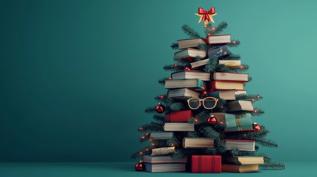 A Christmas tree made entirely of stacked books, decorated with ornaments and a star on top. The tree symbolizes knowledge, imagination, and the joy of reading during the holiday season.