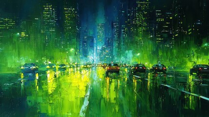 Naklejka premium Night Cityscape with Cars Neon Lights and Rain