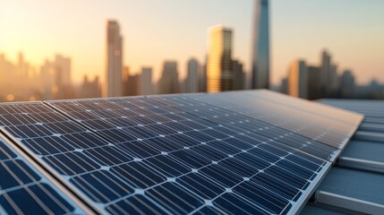 Fototapeta premium Sustainable Energy Solar Panels with Modern City Skyline - Environment Social Governance ESG Concept