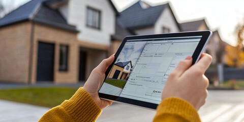 person is holding tablet displaying real estate listings in front of modern houses. scene conveys sense of exploration and opportunity in housing market