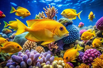 Fototapeta premium Vibrant Yellow Fish Swimming in a Colorful Coral Reef Underwater Scene in a Tropical Ocean